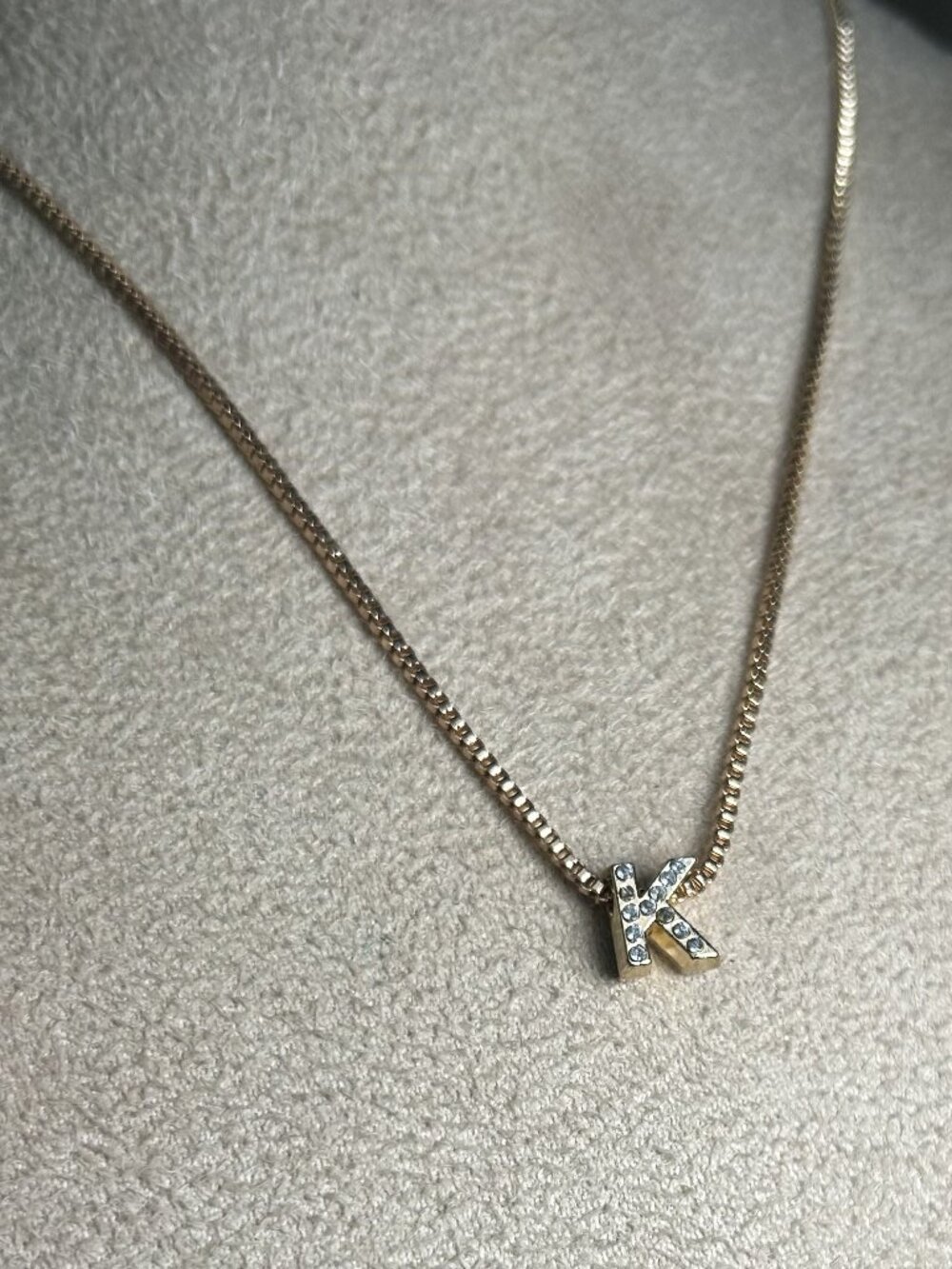 Gold Tone Rhinestone Initial Letter K Pendant Box Chain Necklace